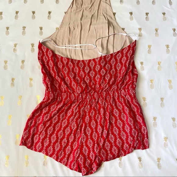 NWT Honey Punch Red White Paisley Halter Open Back Romper - Picture 7 of 10